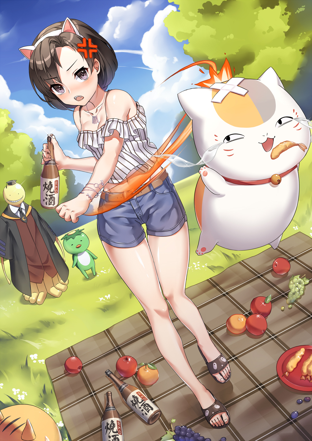 1girl, angry, animal_ears, ansatsu_kyoushitsu, apple, bare_shoulders, black_eyes, black_hair