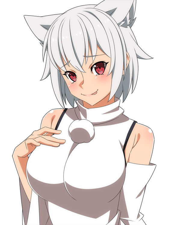 1girl, :p, animal_ears, bare_shoulders, blush, breasts, detached_sleeves, grey_hair