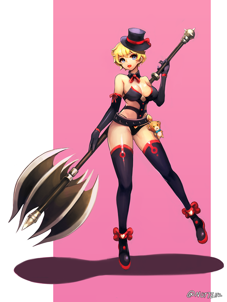 1girl, axe, bare_shoulders, black_footwear, black_gloves, black_hat, black_panties, blonde_hair