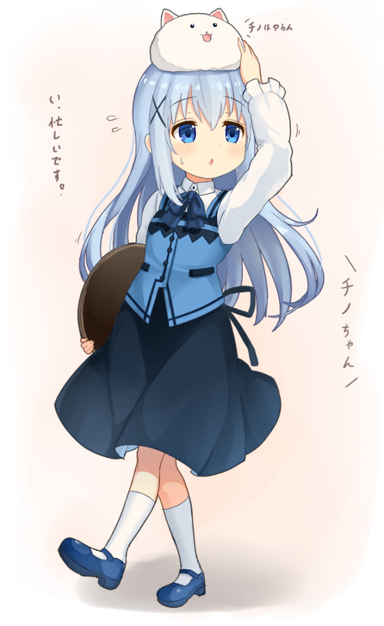 1girl, angora_rabbit, animal, animal_on_head, arm_up, bangs, black_ribbon, black_skirt
