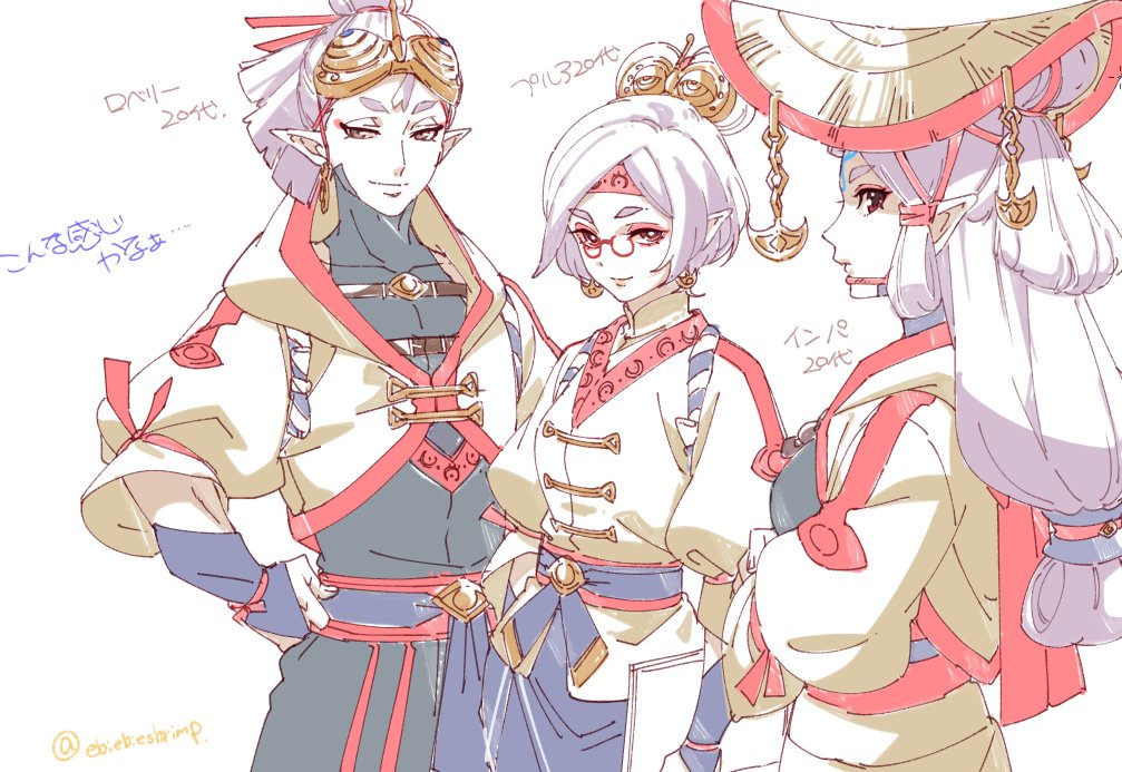 1boy, 2girls, commentary_request, eyeshadow, glasses, goggles, goggles_on_head, headband