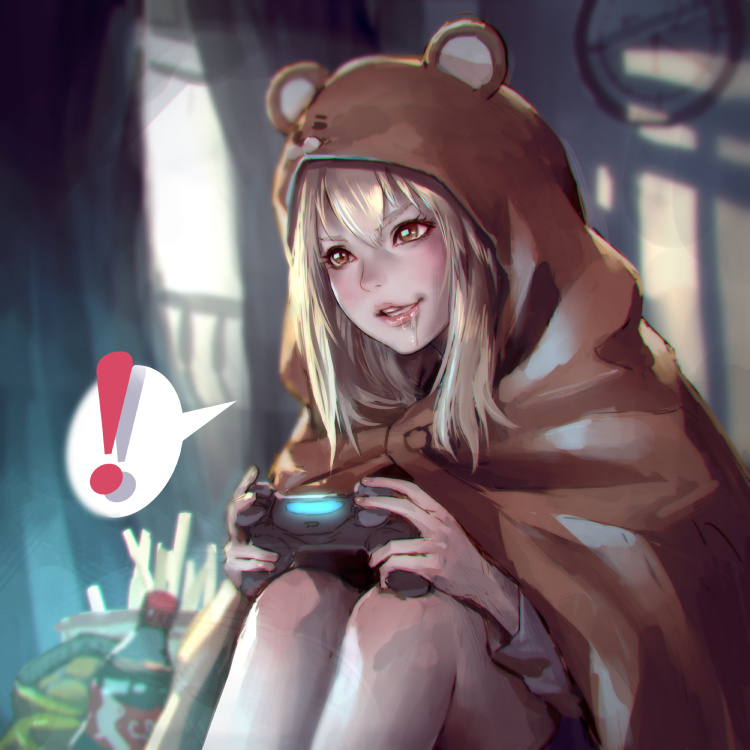!, >:), 1girl, animal_costume, blonde_hair, blurry, blush, brown_eyes