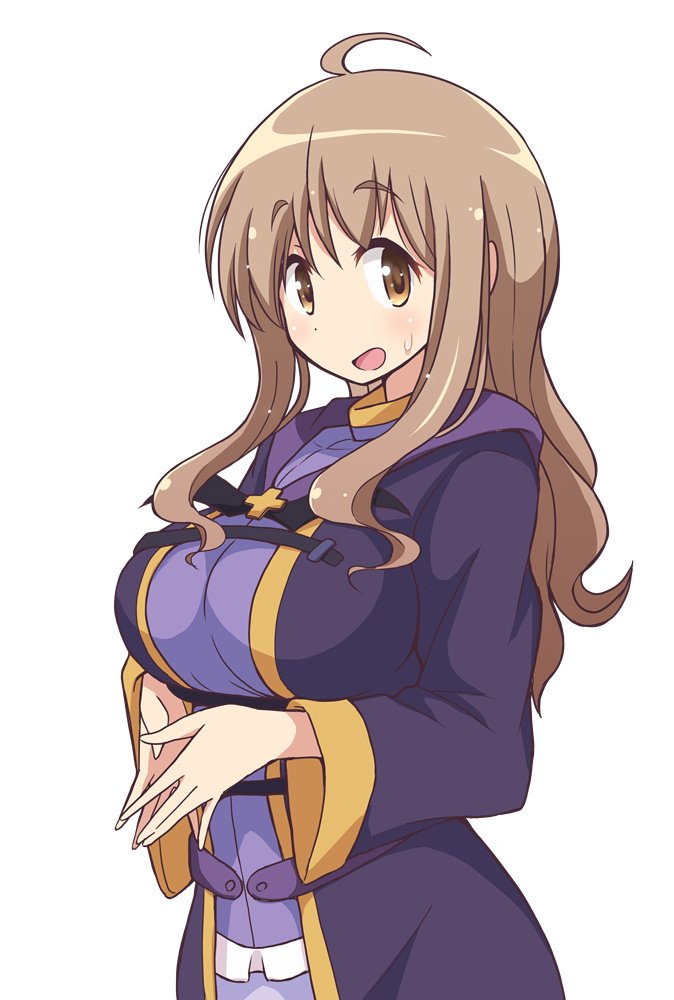 1girl, :d, ahoge, bangs, blush, breasts, brown_eyes, brown_hair