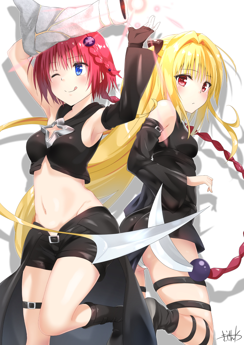 2girls, ;q, armpits, arms_up, asymmetrical_sleeves, black_dress, black_footwear, black_gloves