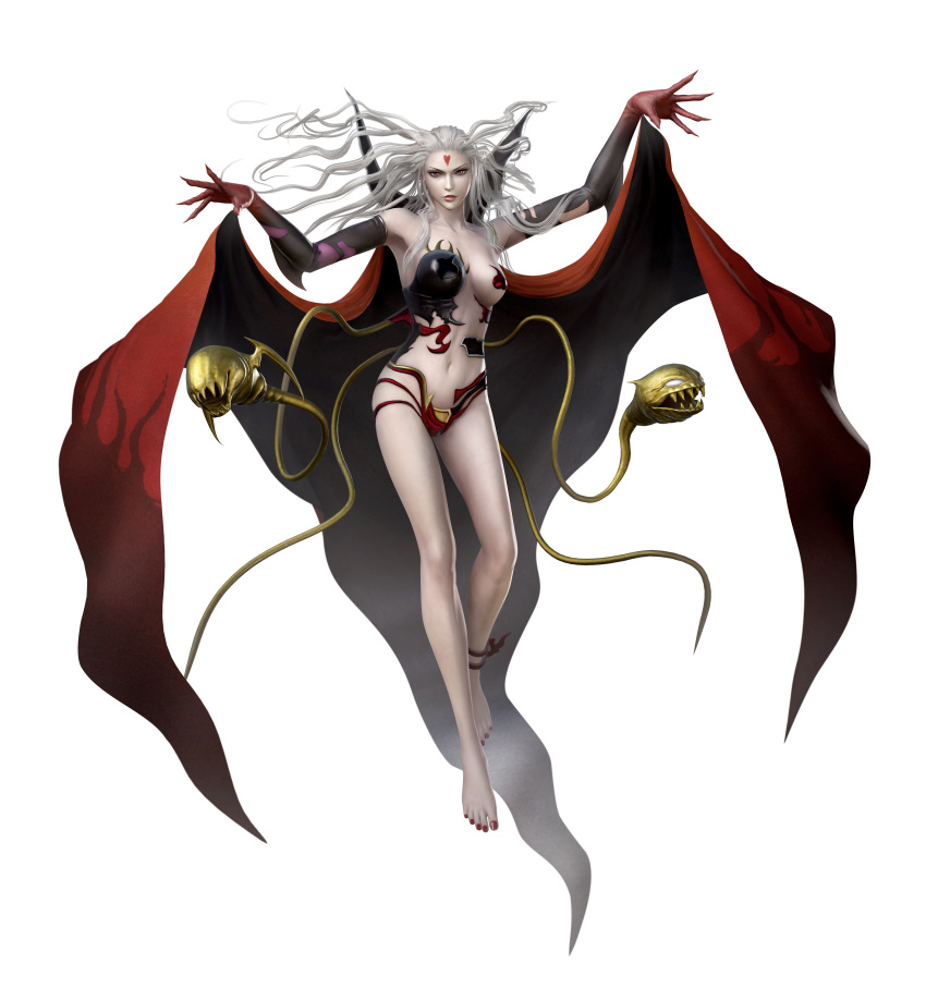 1girl, 3d, absurdres, armpits, asymmetrical_clothes, barefoot, breasts, cape
