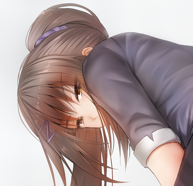 1girl, brown_eyes, chabashira_sae, ginhaha, grey_hair, long_hair, looking_at_viewer, looking_back