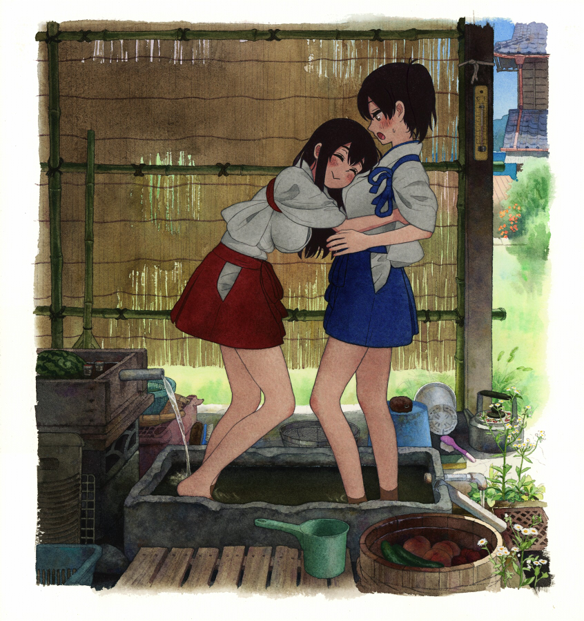 2girls, :o, ^_^, ^v^, akagi_(kantai_collection), bare_legs, barefoot, black_hair, blue_hakama, blue_skirt, blue_tasuki, blush, breasts, closed_eyes, couple, embarrassed, feet_in_water, female, hakama, hakama_skirt, highres, hug, japanese_clothes, kaga_(kantai_collection), kantai_collection, large_breasts, leaning, leaning_forward, leaning_on_person, legs, long_hair, looking_at_another, multiple_girls, open_mouth, outdoors, red_hakama, red_skirt, red_tasuki, shijukara_(great_tit), short_hair, shy, side_ponytail, skirt, standing, sweatdrop, tasuki, ume_(plumblossom), wading, water, yuri