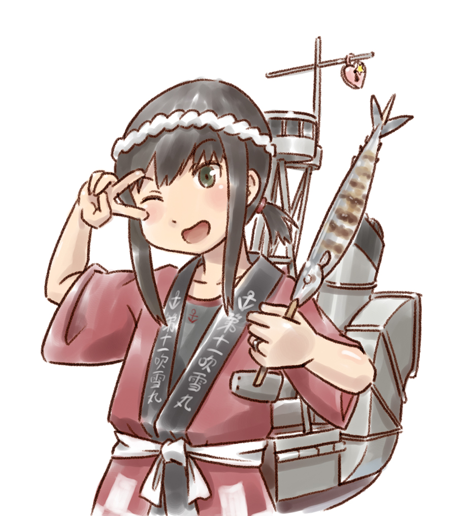 1girl, black_hair, cannon, cowboy_shot, fish, fubuki_(kantai_collection), green_eyes, hachimaki