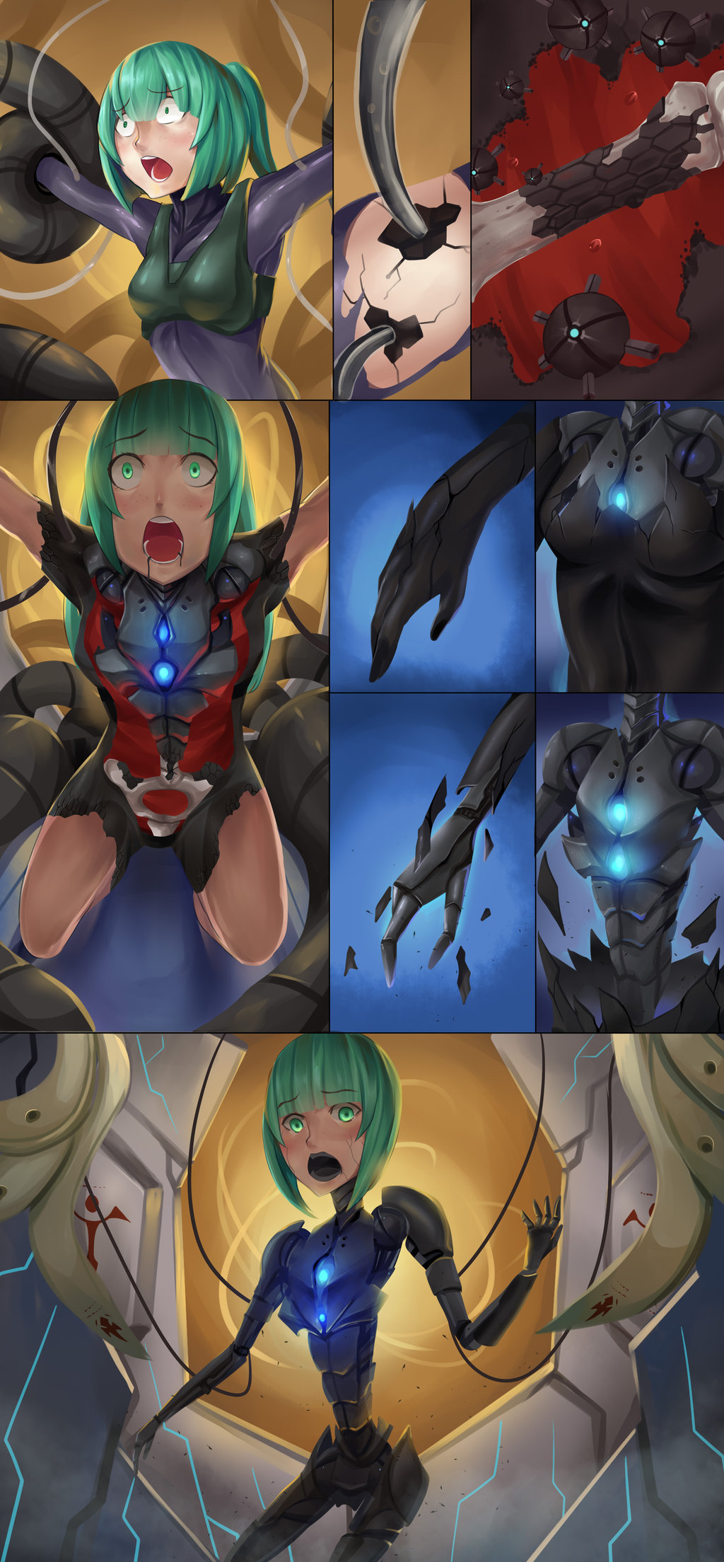 1girl, bodysuit, cable, constricted_pupils, cyborg, eyebrows_visible_through_hair, glowing, green_eyes, green_hair, highres, ibenz009, nanomachines, original, pain, parts_exposed, ponytail, restrained, scared, short_hair, transformation, veins
