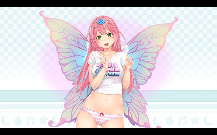 1girl, alternate_hairstyle, blush, bow, bow_panties, breasts, butterfly_wings, checkered