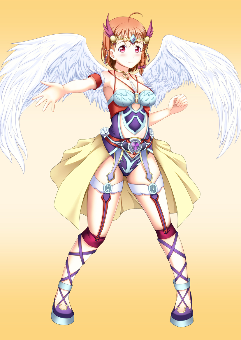 1girl, ahoge, angel_wings, belt, braid, breasts, clenched_hand, gedoumaru