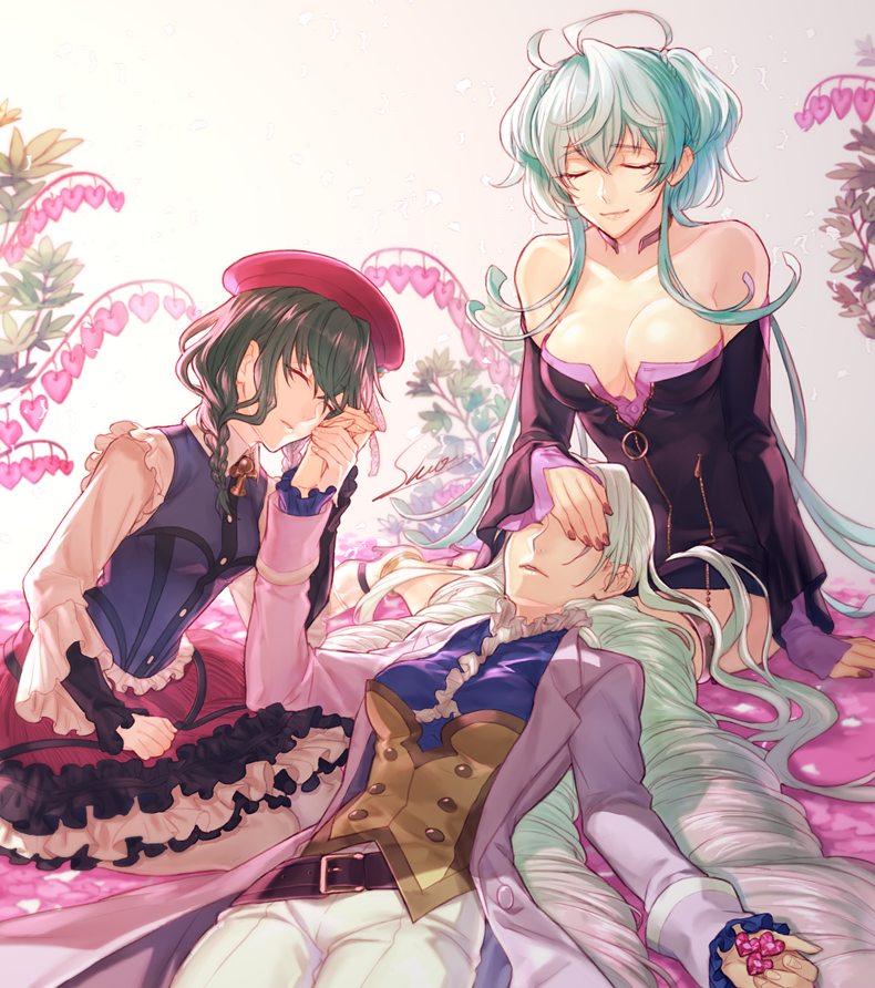 10s, 3girls, ahoge, aqua_hair, bare_shoulders, belt, beret, black_dress, black_hair, blue_hair, braid, breasts, cagliostro_(symphogear), choker, cleavage, closed_eyes, closed_mouth, commentary_request, dress, female, glasses, hat, heart, jacket, lap_pillow, large_breasts, lots_of_hearts, lying, medium_breasts, multiple_girls, multiple_girls\r\n, multiple_hearts, off-shoulder_dress, on_back, oshioyu, parted_lips, philosopher's_stone, prelati_(symphogear), red_hat, saint-germain_(symphogear), seiza, senki_zesshou_symphogear, short_dress, silver_hair, sitting, small_breasts, smile, suit, twin_braids, very_long_hair, white_jacket, white_suit, yuri