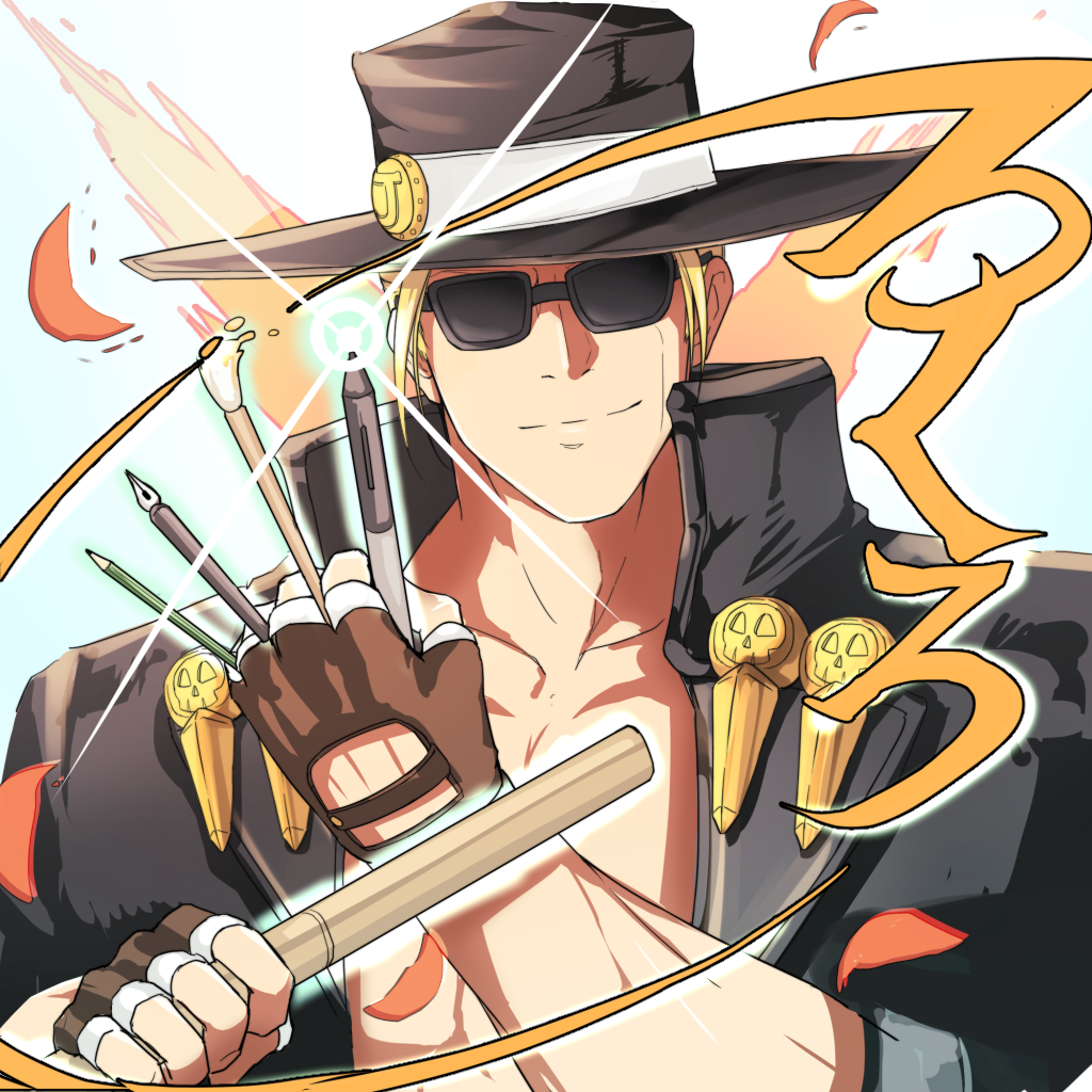 1boy, art_brush, black_coat, blonde_hair, brown_gloves, coat, cowboy_hat, fingerless_gloves