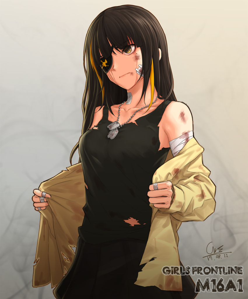 1girl, 2692hd, alternate_hairstyle, bandage, bandage_on_face, bandaged_arm, black_eyes, black_hair, blood, bloody_clothes, cowboy_shot, dated, dog_tags, eyepatch, girls_frontline, highres, long_hair, m16a1_(girls_frontline), mole, mole_under_eye, multicolored_hair, signature, skirt, solo, streaked_hair, tank_top, torn_clothes