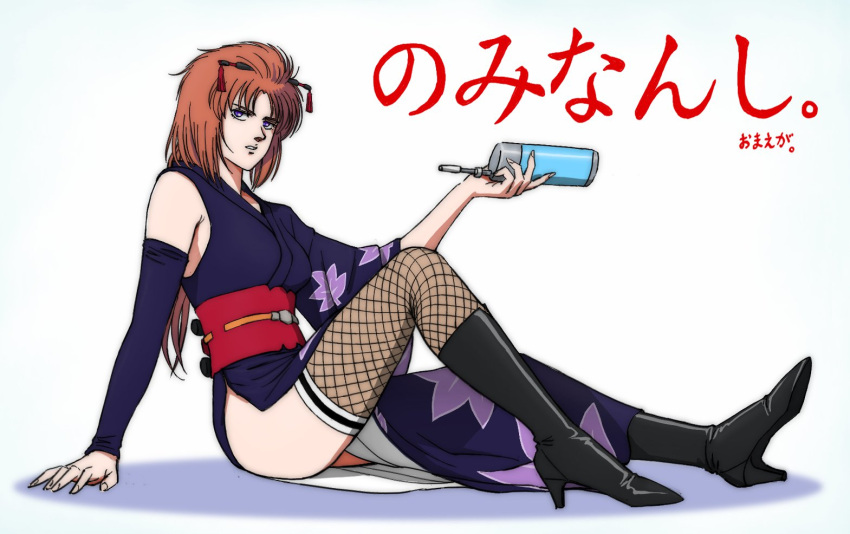 1girl, boots, bottle, fishnets, gundam, gundam_unicorn, high_heels, hips, marida_cruz, orange_hair, pakata-san_jr., sleeves_past_elbows, thigh-highs, translation_request, violet_eyes, water_bottle