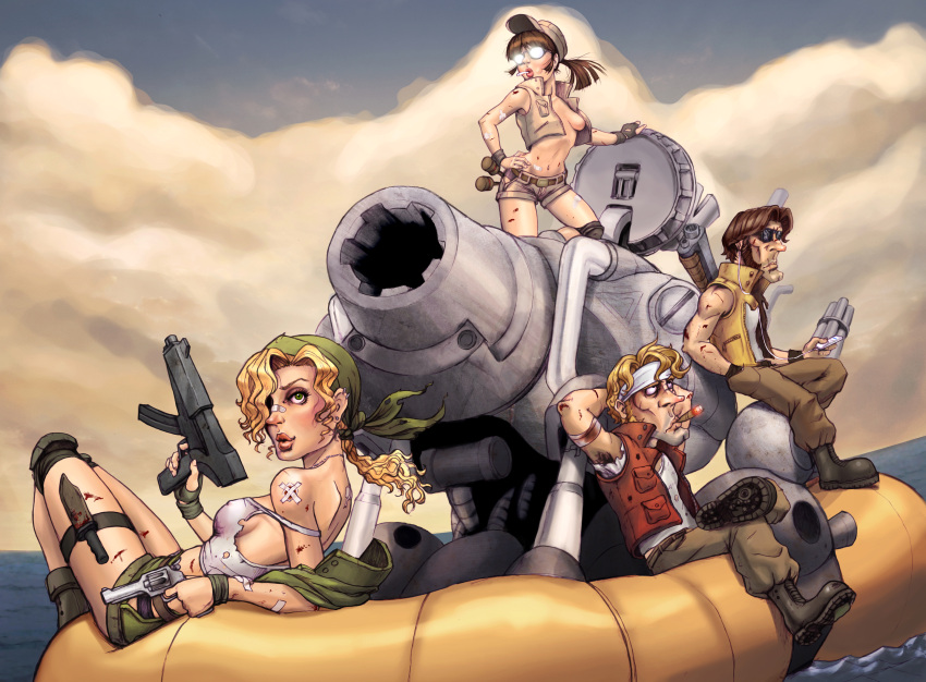 armpits, blonde_hair, blood, boat, boots, breasts, cigar, cigarette