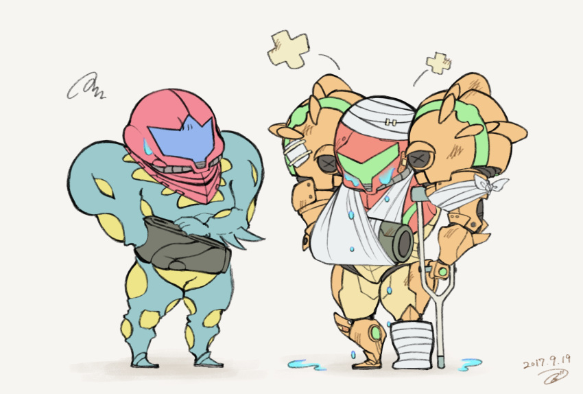 2girls, arm_cannon, armor, bandage, bandaged_head, cast, chibi, commentary_request