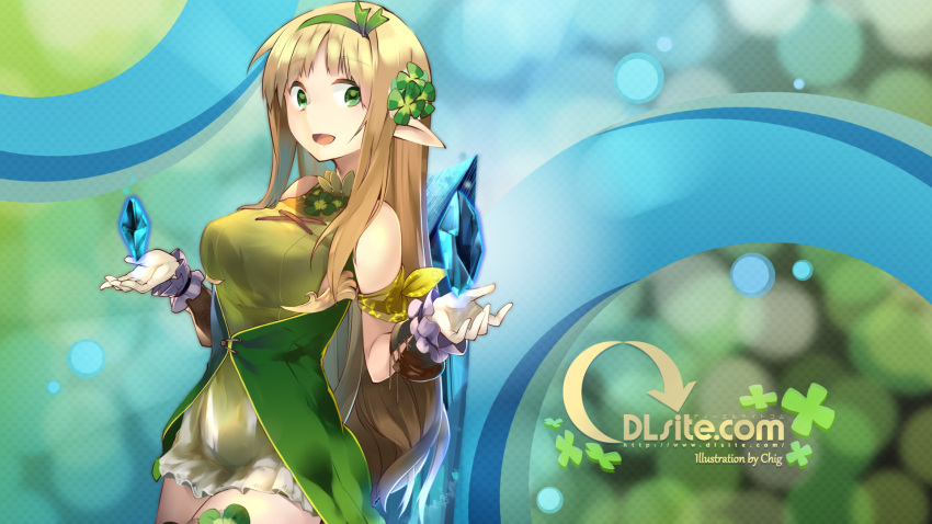 1girl, :d, artist_name, bangs, blonde_hair, breasts, chig, clover