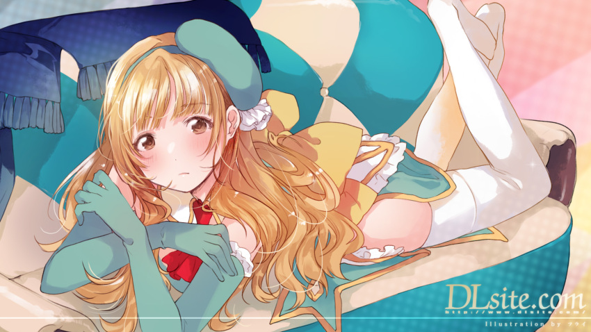 1girl, artist_name, bangs, beret, blush, bow, brown_eyes, closed_mouth, couch, crossed_arms, dille_blood, dlsite.com, elbow_gloves, eyebrows_visible_through_hair, fly_(marguerite), fringe, gloves, green_gloves, hairband, hat, highres, large_bow, long_hair, looking_at_viewer, lying, on_couch, on_stomach, solo, tareme, the_pose, thigh-highs, thighs, wallpaper, watermark, wavy_hair, web_address, white_legwear, yellow_bow
