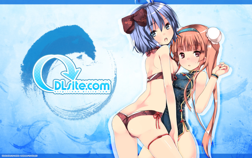 2girls, :o, ahoge, artist_name, ass, bangs, bikini, blue_hair