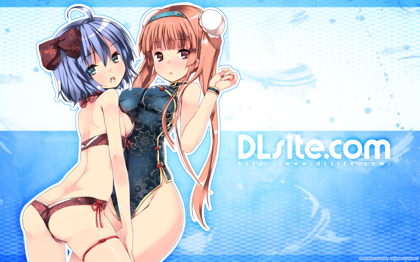 2girls, :o, ahoge, artist_name, ass, bangs, bikini, blue_hair