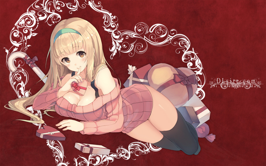 1girl, bangs, bare_shoulders, black_legwear, blonde_hair, blunt_bangs, blush, breasts, brown_eyes, cleavage, closed_mouth, dille_blood, dlsite.com, eyebrows_visible_through_hair, full_body, gift, hairband, heart, heart-shaped_box, highres, holding, holding_gift, index_finger_raised, large_breasts, long_hair, looking_at_viewer, lying, on_stomach, paseri, ribbed_sweater, sidelocks, smile, solo, sweater, tareme, thigh-highs, thighs, valentine, wallpaper