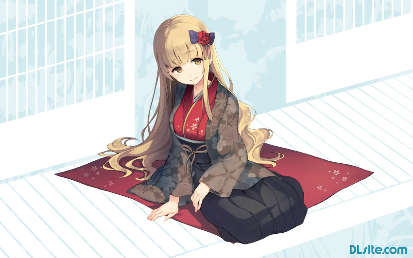 1girl, bangs, black_skirt, blonde_hair, blunt_bangs, bow, closed_mouth, dille_blood