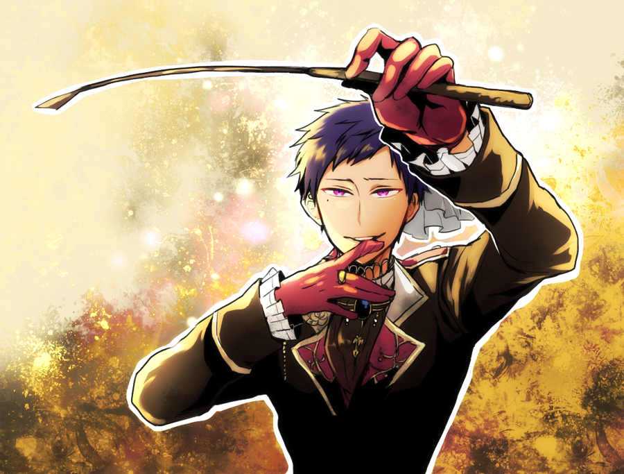 1boy, blue_hair, ensemble_stars!, frilled_jacket, fushimi_yuzuru, gloves, hat, mole