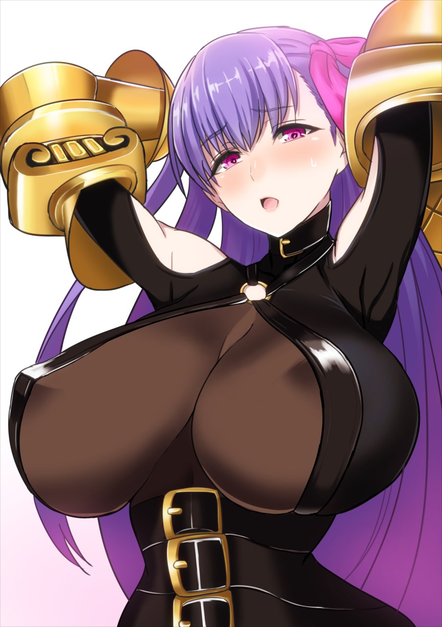 1girl, armpits, arms_up, bangs, belt, belt_buckle, blush, bodysuit, breasts, buckle, choker, claws, erect_nipples, eyebrows_visible_through_hair, fate/extra, fate/extra_ccc, fate_(series), hair_ribbon, halterneck, highres, huge_breasts, kawabata_yoshiro, long_hair, looking_at_viewer, o-ring, open_mouth, passion_lip, pink_eyes, pink_ribbon, purple_hair, ribbon, shoulder_cutout, simple_background, solo, sweatdrop, vambraces, waist, white_background