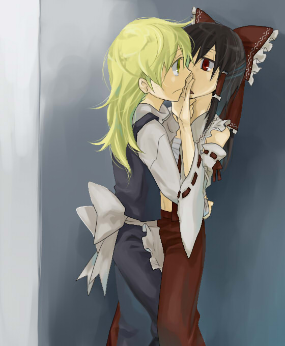 bad_id, black_hair, blonde_hair, detached_sleeves, hakurei_reimu, hug, japanese_clothes, kirisame_marisa