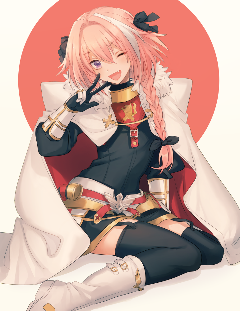 1boy, ;d, armor, asuda, bangs, black_bow, black_gloves, black_legwear