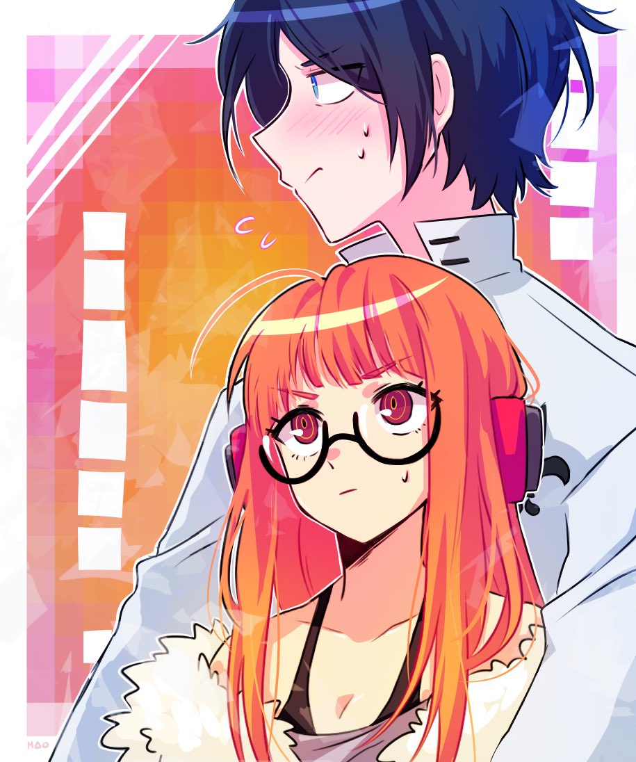 10s, 1boy, 1girl, ahoge, atlus, blue_eyes, blue_hair, blush, brown_eyes, glasses, headphones, jacket, kitagawa_yuusuke, mao_(expuella), orange_hair, persona, persona_5, sakura_futaba, sweat_drop, tank_top