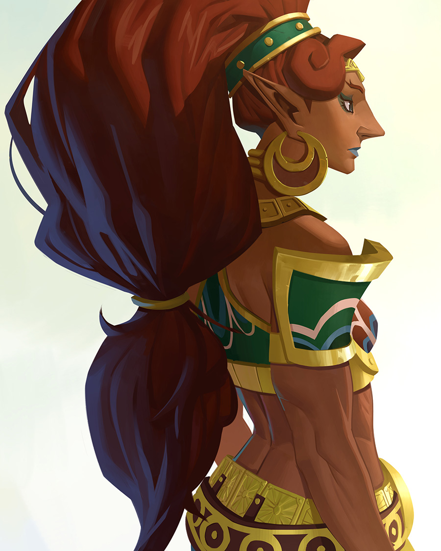 1girl, big_hair, blue_lipstick, dark_skin, earrings, gerudo, green_eyes, hoop_earrings, jewelry, lipstick, long_hair, makeup, muscle, muscular_female, nesskain, pointy_ears, redhead, the_legend_of_zelda, the_legend_of_zelda:_breath_of_the_wild, urbosa