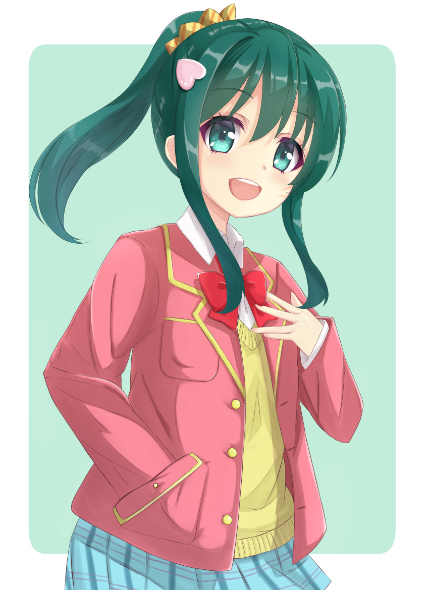 1girl, :d, absurdres, aqua_eyes, blazer, blue_skirt, bow, bowtie