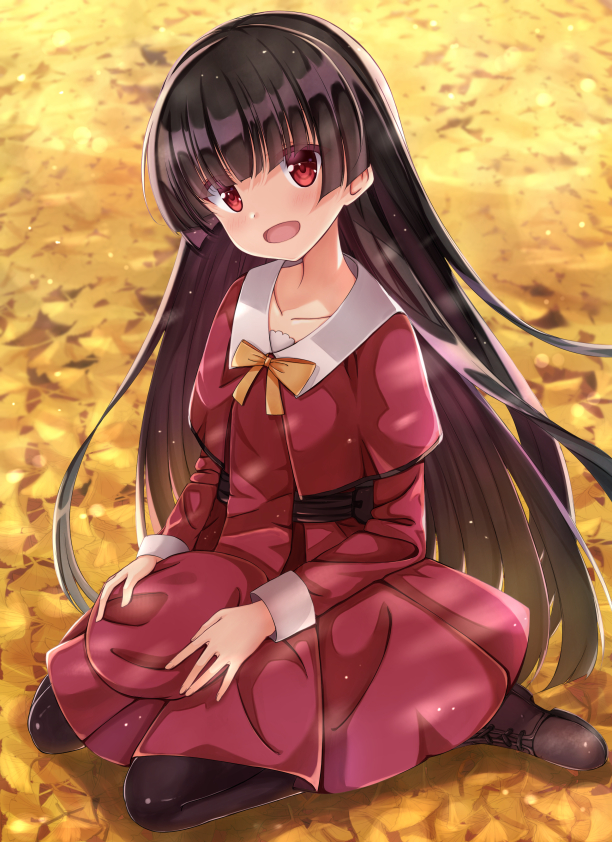 1girl, :d, autumn_leaves, beret, black_hair, black_legwear, blush, bow