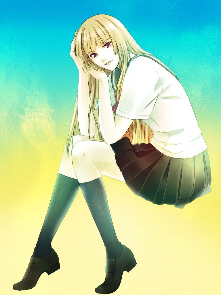 1girl, black_footwear, black_legwear, black_skirt, blonde_hair, blue_background, eyebrows_visible_through_hair, from_side