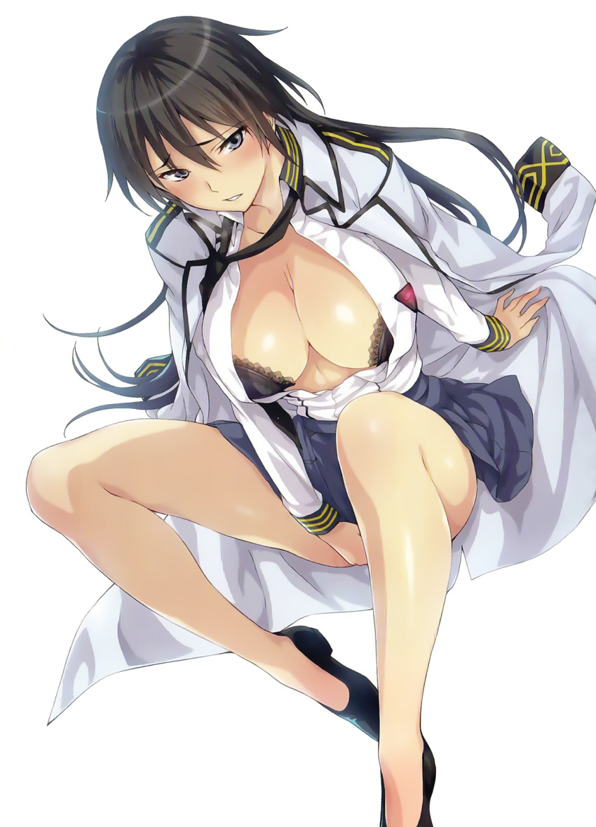 1girl, arm_support, between_legs, black_bra, black_eyes, black_footwear, black_hair, black_neckwear
