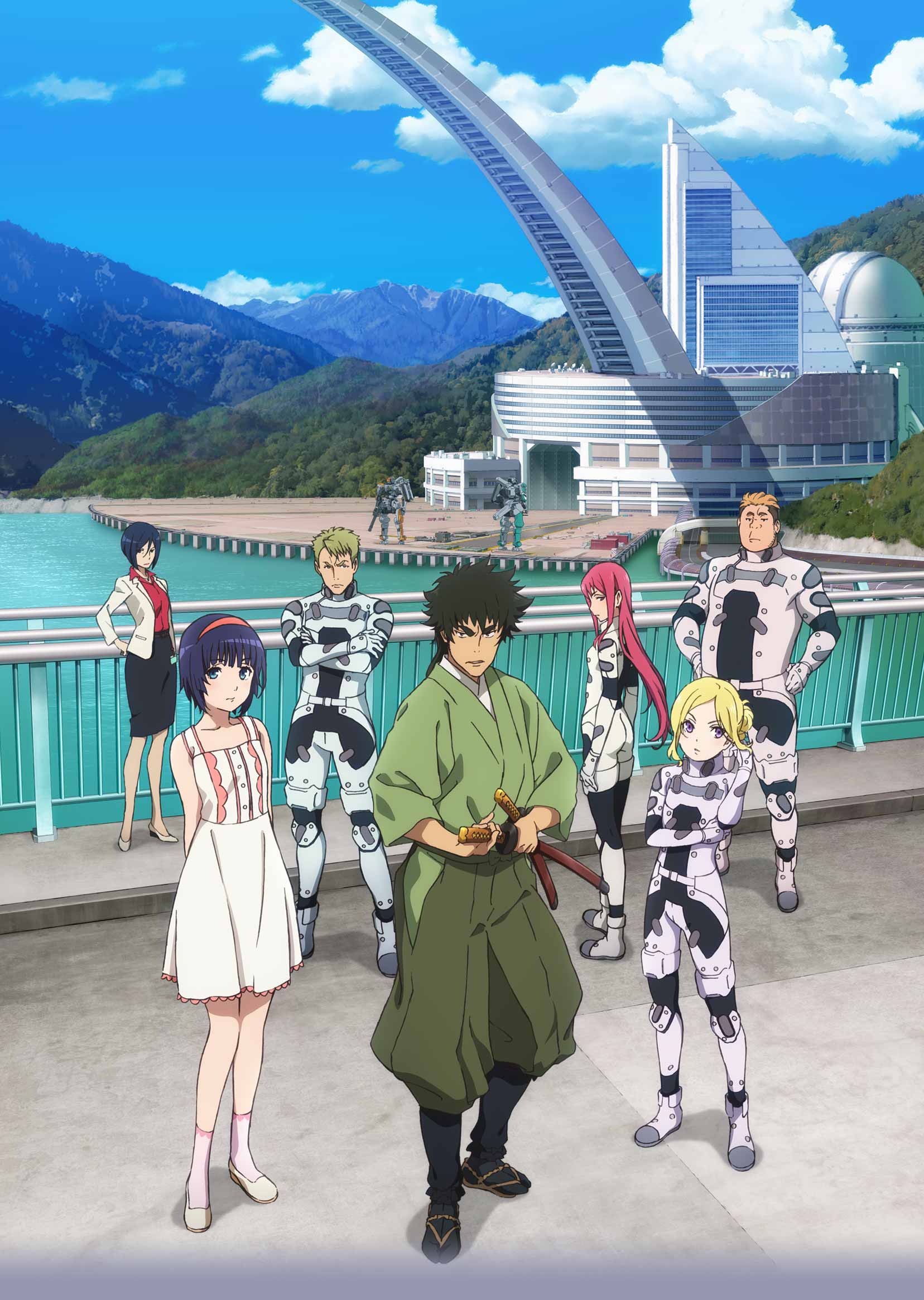 3boys, 4girls, arms_behind_back, black_hair, black_legwear, black_skirt, blonde_hair, blue_sky, bodysuit, closed_eyes, clouds, collarbone, day, dress, full_body, green_hair, green_hakama, green_kimono, hairband, hakama, hands_on_hips, highres, holding, holding_sword, holding_weapon, jacket, japanese_clothes, key_visual, kimono, kuromukuro, liu_shen_mi, long_hair, looking_at_viewer, mecha, mozumi_toshiyuki, multiple_boys, multiple_girls, open_clothes, open_jacket, ouma_kennosuke_tokisada, outdoors, pink_hairband, pink_legwear, red_shirt, redhead, sheath, sheathed, shirahane_hiromi, shirahane_yukina, shirt, shoes, short_hair, skirt, sky, sleeveless, sleeveless_dress, sophie_noelle, spiky_hair, standing, sword, tom_borden, weapon, white_dress, white_jacket, white_shoes