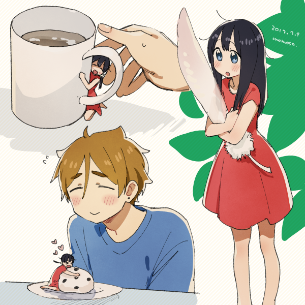 1boy, 1girl, 2017, artist_name, black_hair, blue_shirt, brown_eyes, brown_hair