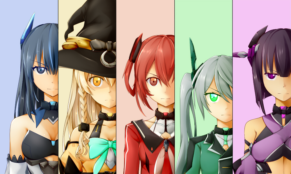 >:(, 5girls, aqua_bow, bare_shoulders, blue_eyes, blue_hair, bow, braid