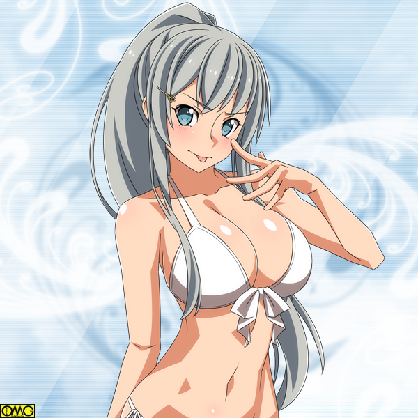 1girl, :p, arm_at_side, bangs, bare_arms, bare_shoulders, bikini, blue_background