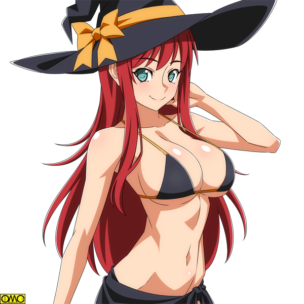 1girl, bangs, bare_arms, bare_shoulders, bikini_top, black_bikini_top, black_hat, blush
