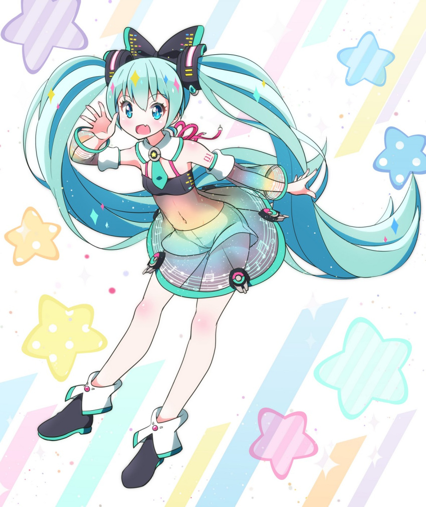 1girl, :d, ankle_boots, aqua_hair, aqua_neckwear, arm_tattoo, arm_up, bangs