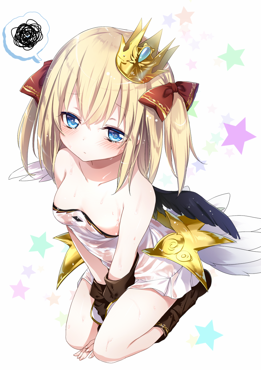 1girl, armor, asymmetrical_wings, bare_shoulders, between_legs, blonde_hair, blush, boots, bow, breasts, brown_footwear, closed_mouth, collarbone, crown, detached_sleeves, dress, embarrassed, emia_(castilla), from_above, full_body, hair_bow, hand_between_legs, highres, knee_boots, leaning_forward, maru_(doubutsu_no_mori), no_socks, red_bow, seiza, shironeko_project, short_dress, short_hair, short_sleeves, sitting, small_breasts, solo, speech_bubble, spoken_squiggle, squiggle, star, starry_background, strapless, strapless_dress, tearing_up, tears, two_side_up, water_drop, wet, wet_clothes, wet_dress, white_dress, wings
