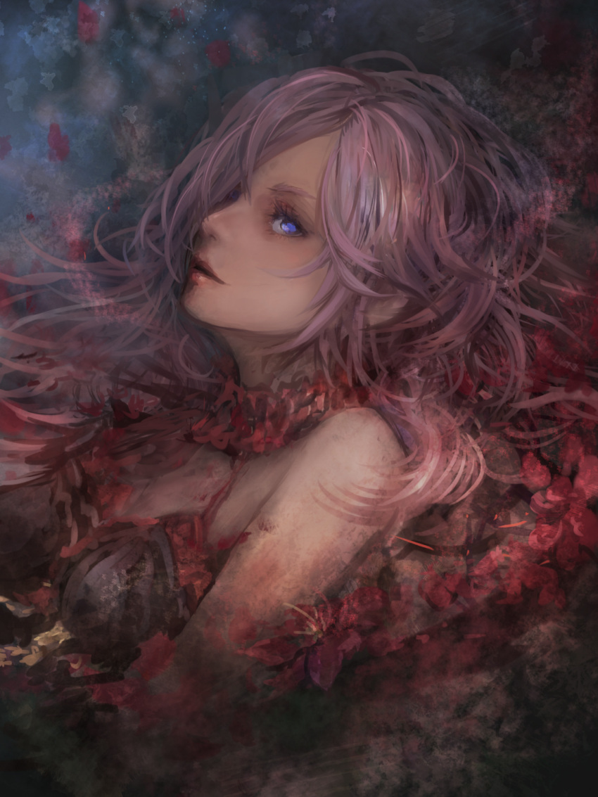 1girl, bare_shoulders, cinderella_(sinoalice), commentary_request, flower, highres, long_hair, pink_hair