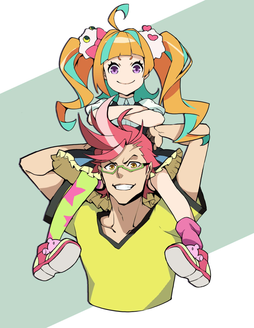 >:), 1boy, 1girl, absurdres, ahoge, asymmetrical_legwear, black_dress, carrying
