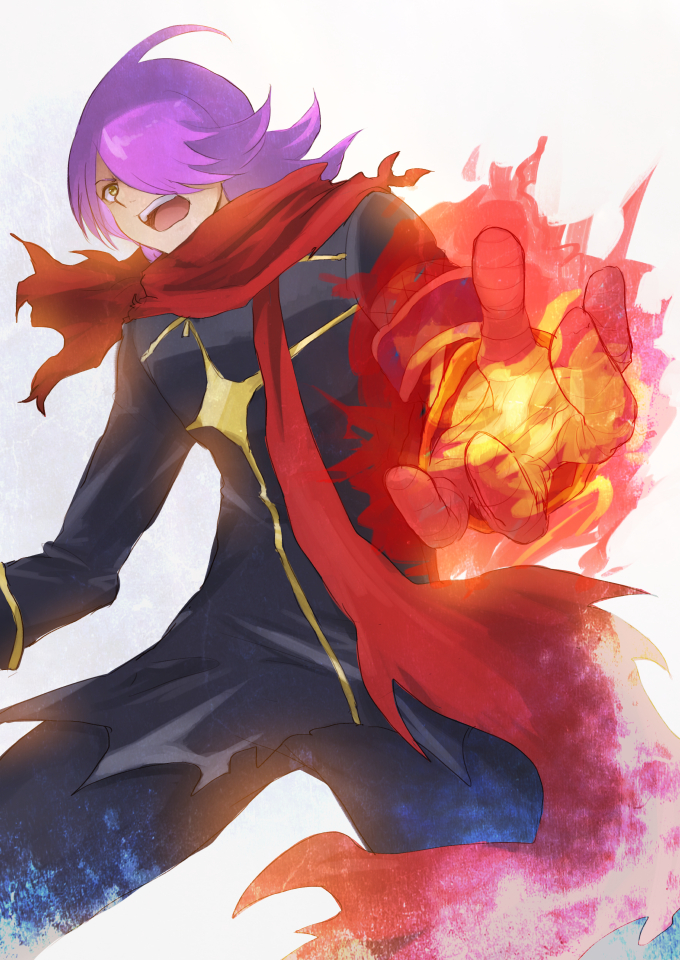 1boy, ahoge, akycoo, aura, bandage, bandaged_hands, black_jacket, black_pants