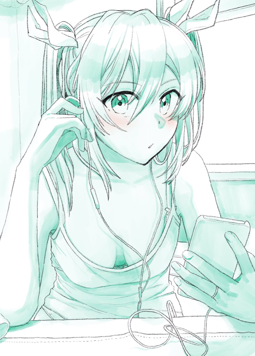 1girl, adjusting_earphones, blush, bra_strap, breasts, camisole, cellphone, cleavage