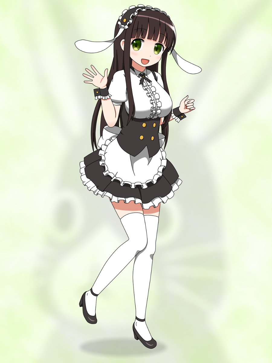 1girl, :d, animal_ears, anko_(gochiusa), apron, bangs, black_footwear, black_skirt