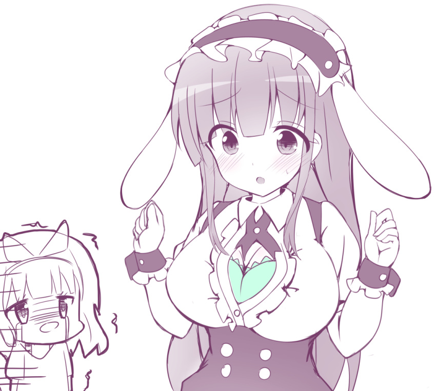 2girls, :o, alternate_costume, animal_ears, bangs, blunt_bangs, blush, bolo_tie